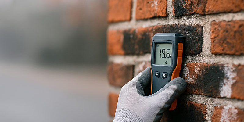 Diagnostic d’humidité sur façade en briques à Bruxelles : main gantée avec humidimètre (19,6 %) sur mur présentant zones sombres et efflorescences.