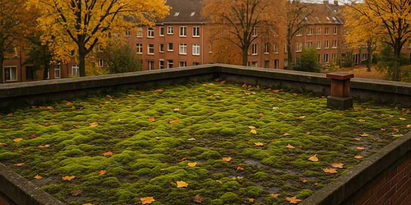 mousse sur une toiture plate