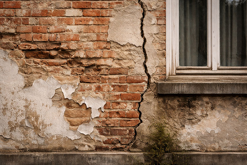 Façade fissurée avec peinture dégradée et joints abîmés avant rénovation